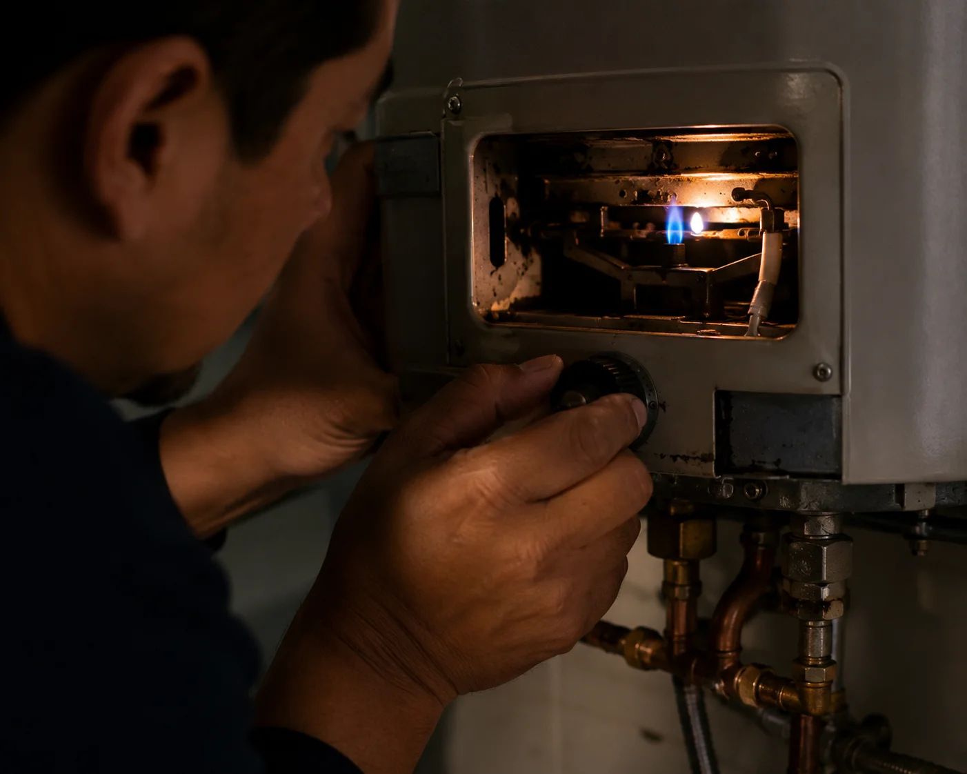Técnico verificando el encendido del piloto tras reparar un boiler