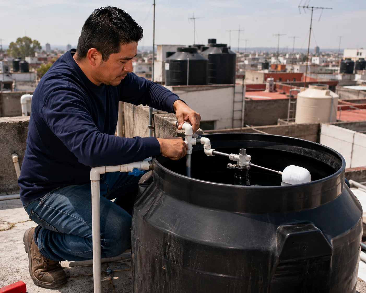 Técnico instalando un tinaco en la azotea de una vivienda en CDMX